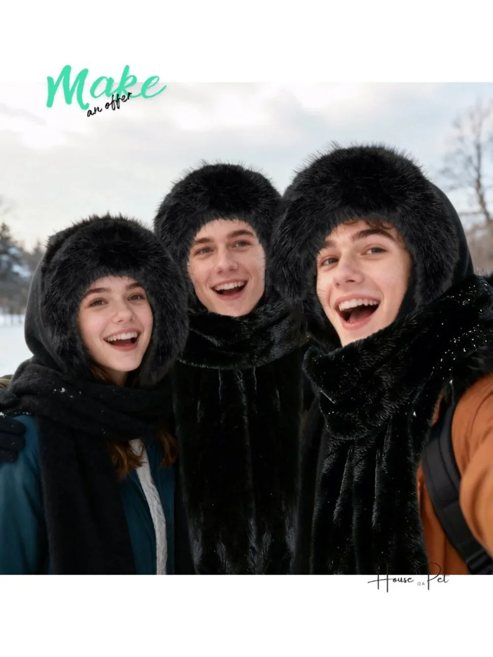 Faux Fur Hooded Scarf Hat Gloves 3 in 1 Winter Set